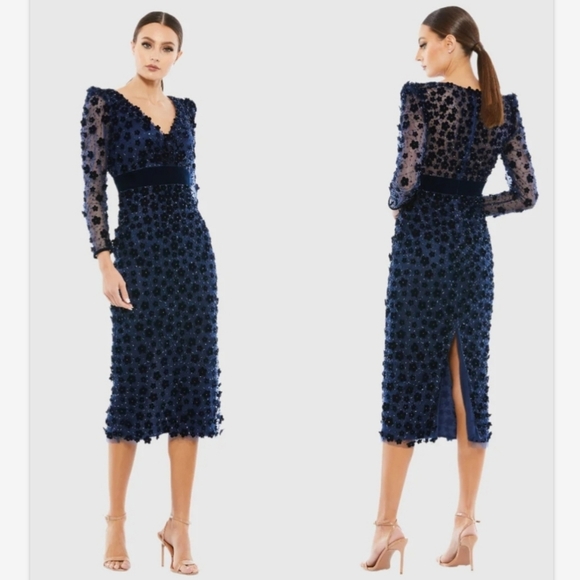 Mac Duggal Dresses & Skirts - Mac Duggal Navy Embellished V Neck Illusion Long Sleeve Column Midi SZ 4 NWT